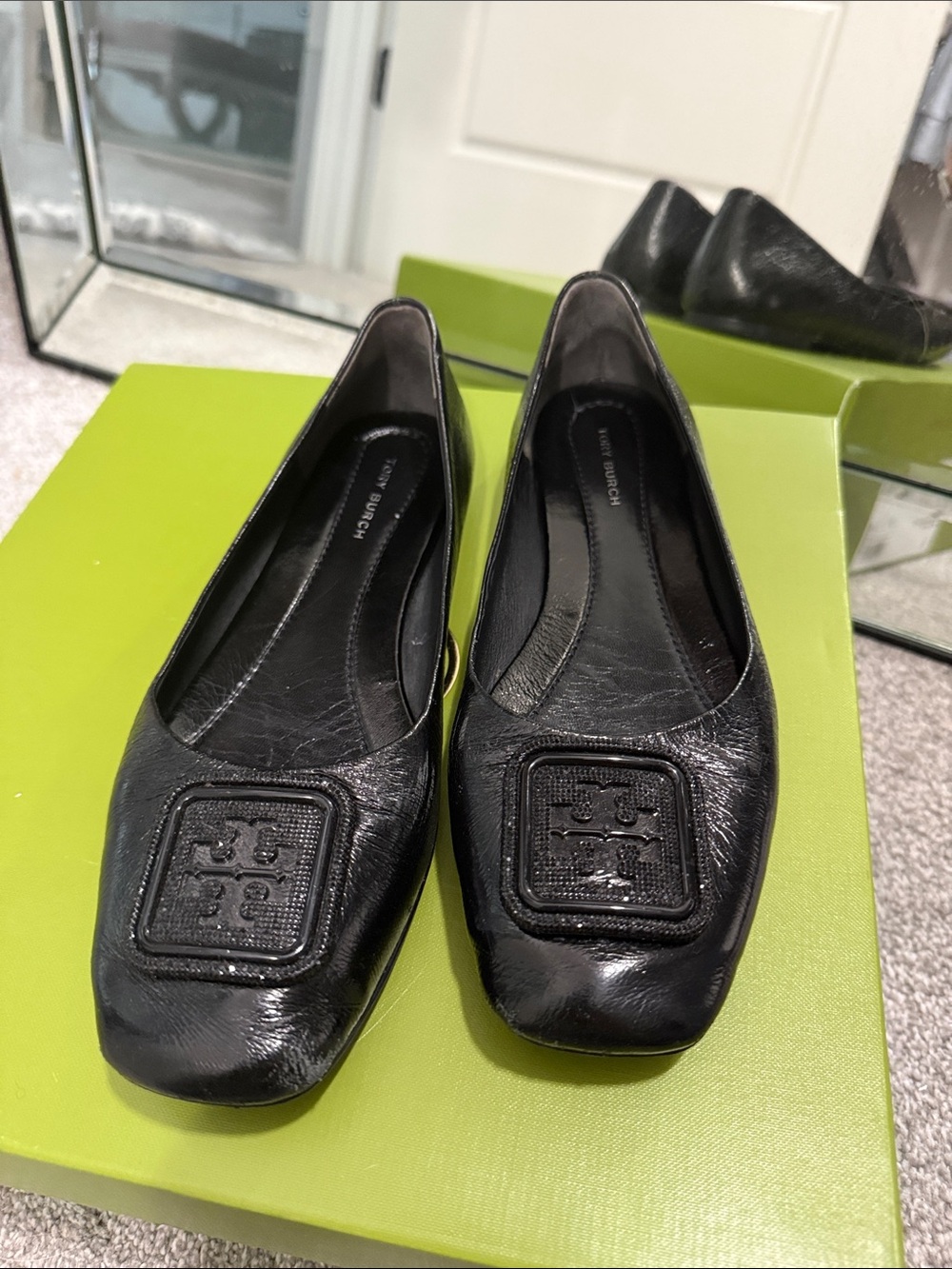 Tory Burch Black Leather Logo Square-Toe Flats